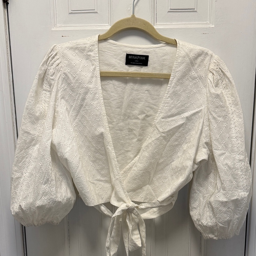 MINKPINK White Puff Sleeve Wrap Blouse